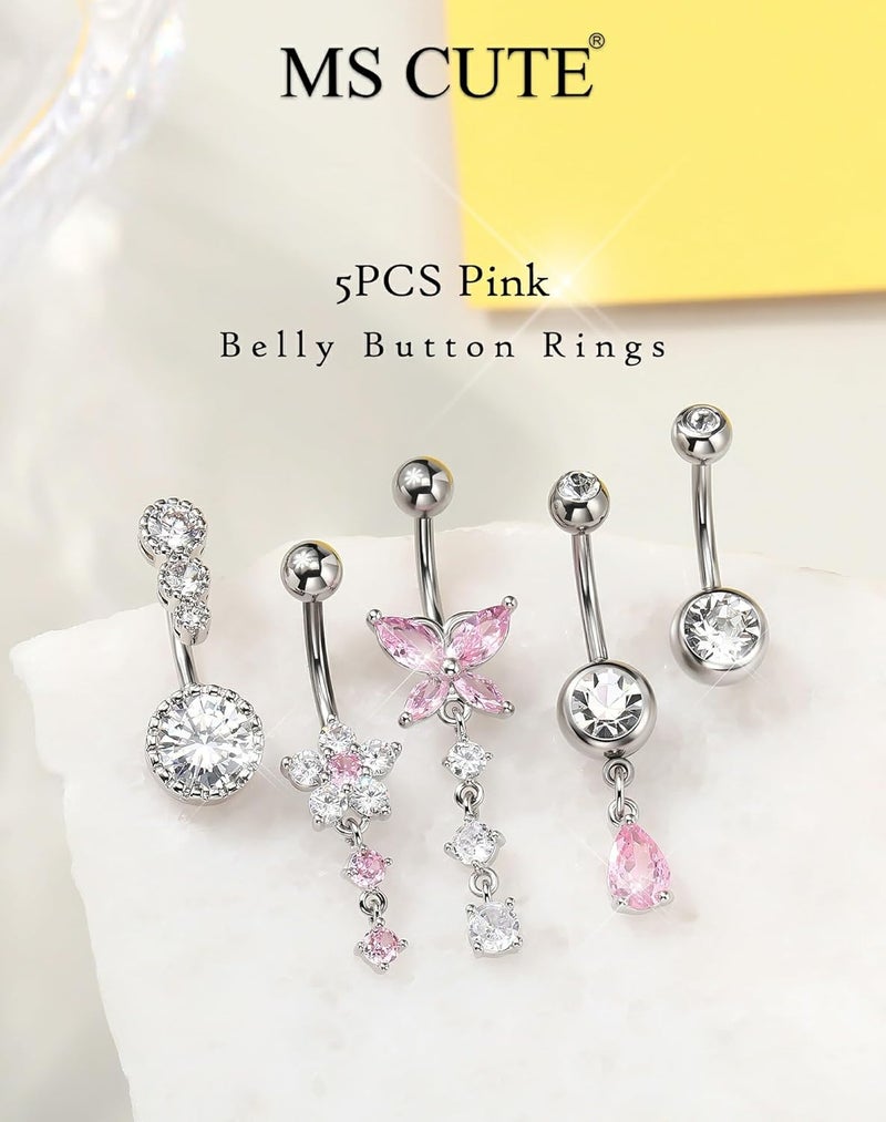 MS CUTE 5PCS Belly Button Rings for Women 14G Dangle Navel Piercing Jewelry Set Surgical Stainless Steel Body Jewelry with CZ Butterfly Flower Teardrop Barbell for Beach Festival Daily - Image 2